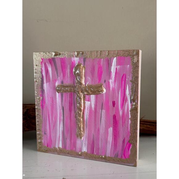 Gold Cross Wood Painting Hand Painted 5x5 Block White Raised Cross Pink Style - Picture 7 of 9